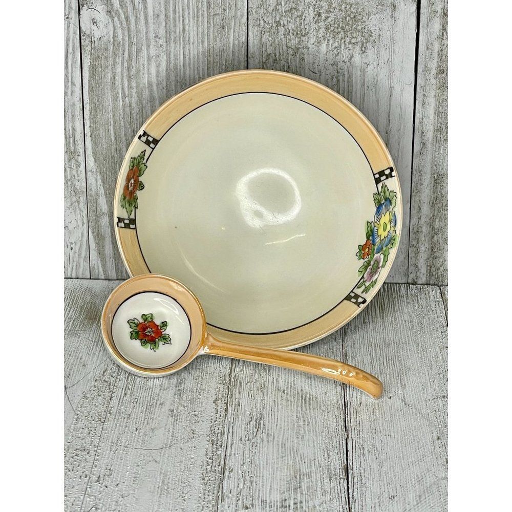 Vintage Noritake Lusterware Porcelain Footed Bowl & Spoon